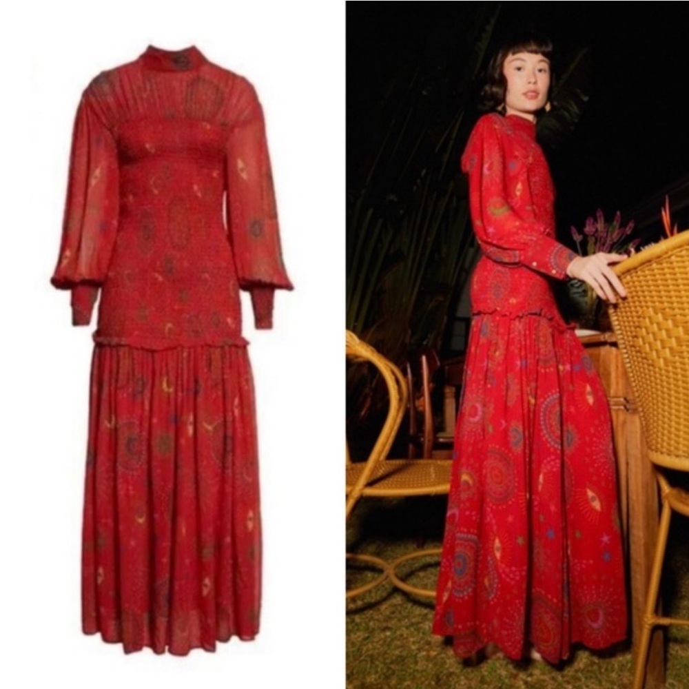 Farm Rio mystic night print smoked long sleeve dress SIZE SMALL